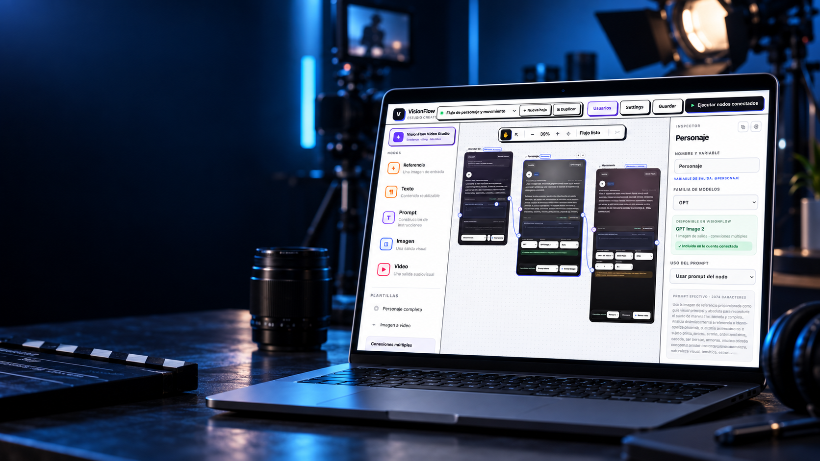 Estudio cinematográfico con VisionFlow creando video mediante inteligencia artificial